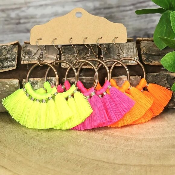 Earring Tassel Fan 3pr Neon Boho Dangle Hippie Ethnic Colorful Stylish Trendy - Picture 1 of 1